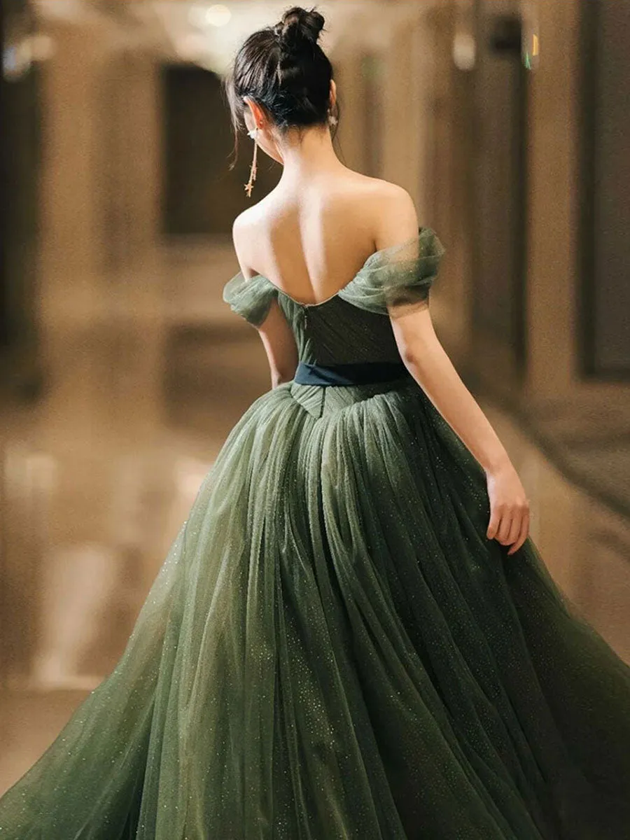 Simple Green Sweetheart Tulle Long Prom Dress, Green Formal Dresses