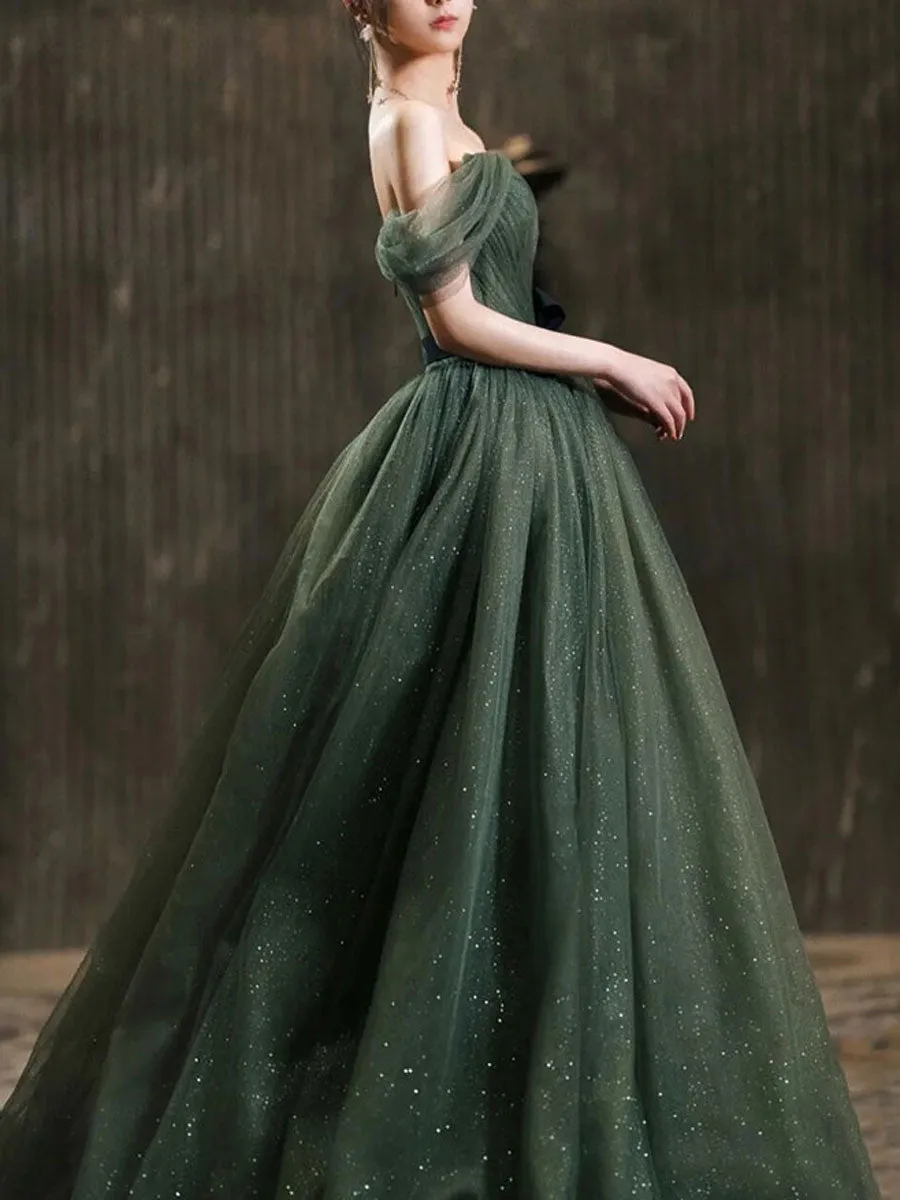 Simple Green Sweetheart Tulle Long Prom Dress, Green Formal Dresses