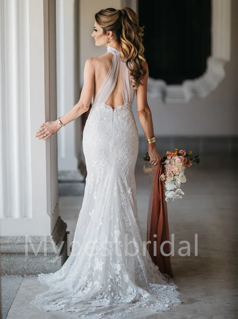 Simple Halter Mermaid Lace applique Wedding Dresses, WDY0241