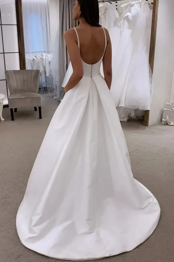 Simple Ivory Satin Spaghetti Straps Wedding Dresses With Sweep Train, SW695