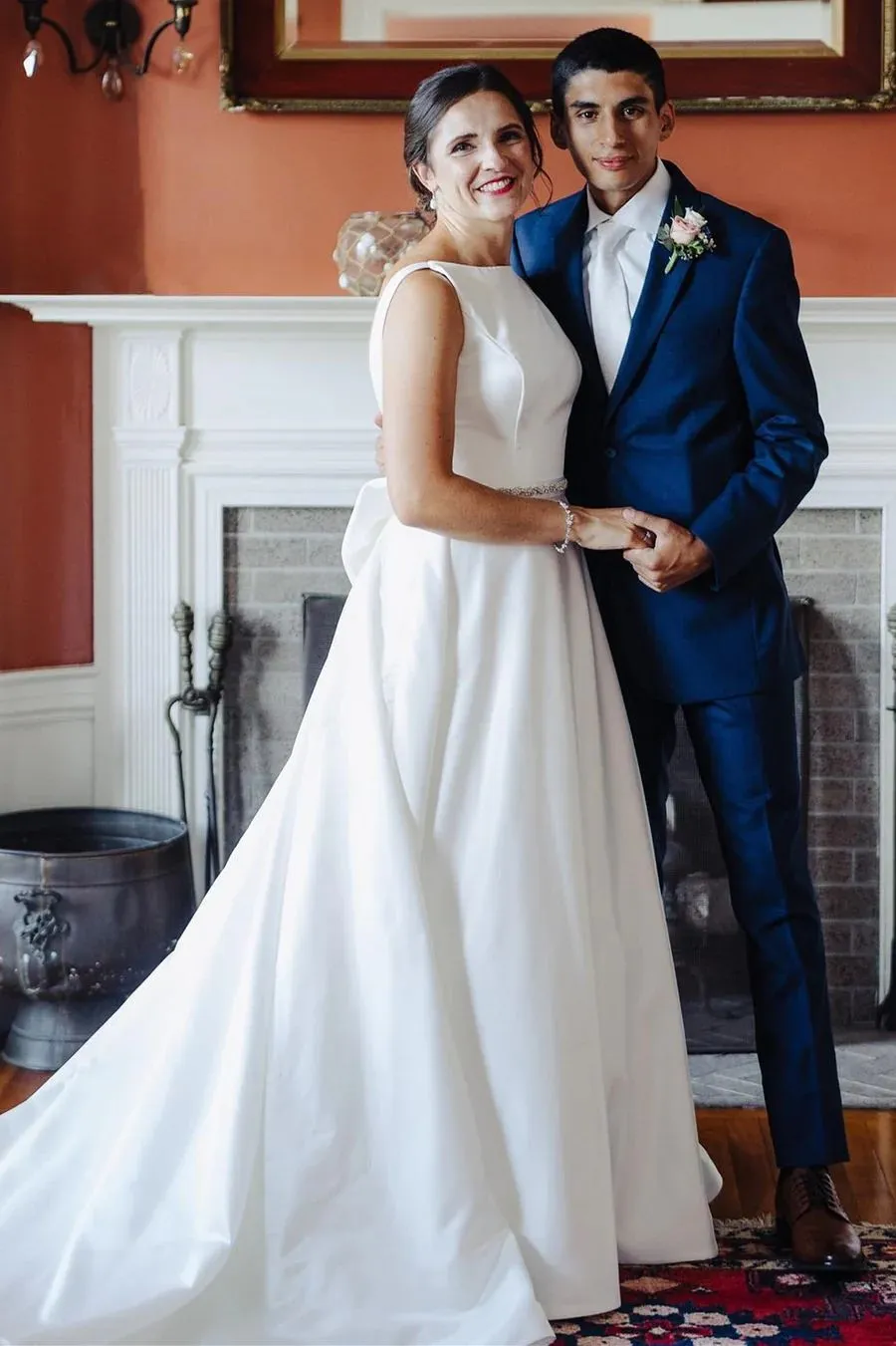 Simple Low Back High Neck Satin Wedding Dress