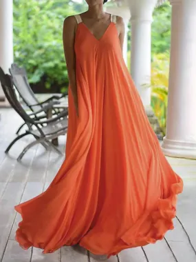 Simple Sleeveless Loose Solid Color V-Neck Maxi Dresses