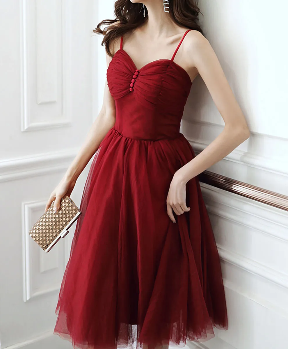 Simple Sweetheart Tulle Short Prom Dress Burgundy Homecoming Dress