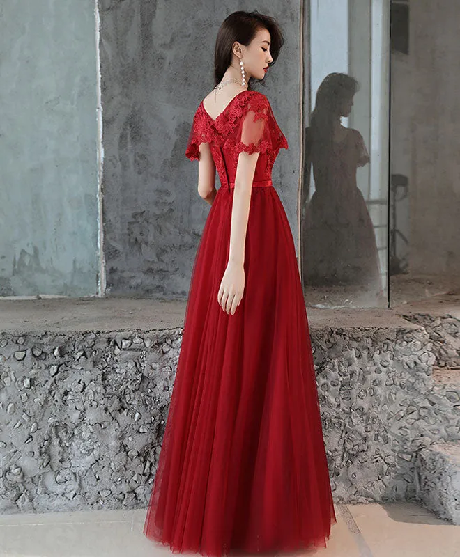 Simple Tulle Lace Long Prom Dress, Burgundy Bridesmaid Dress