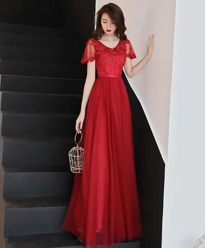 Simple Tulle Lace Long Prom Dress, Burgundy Bridesmaid Dress