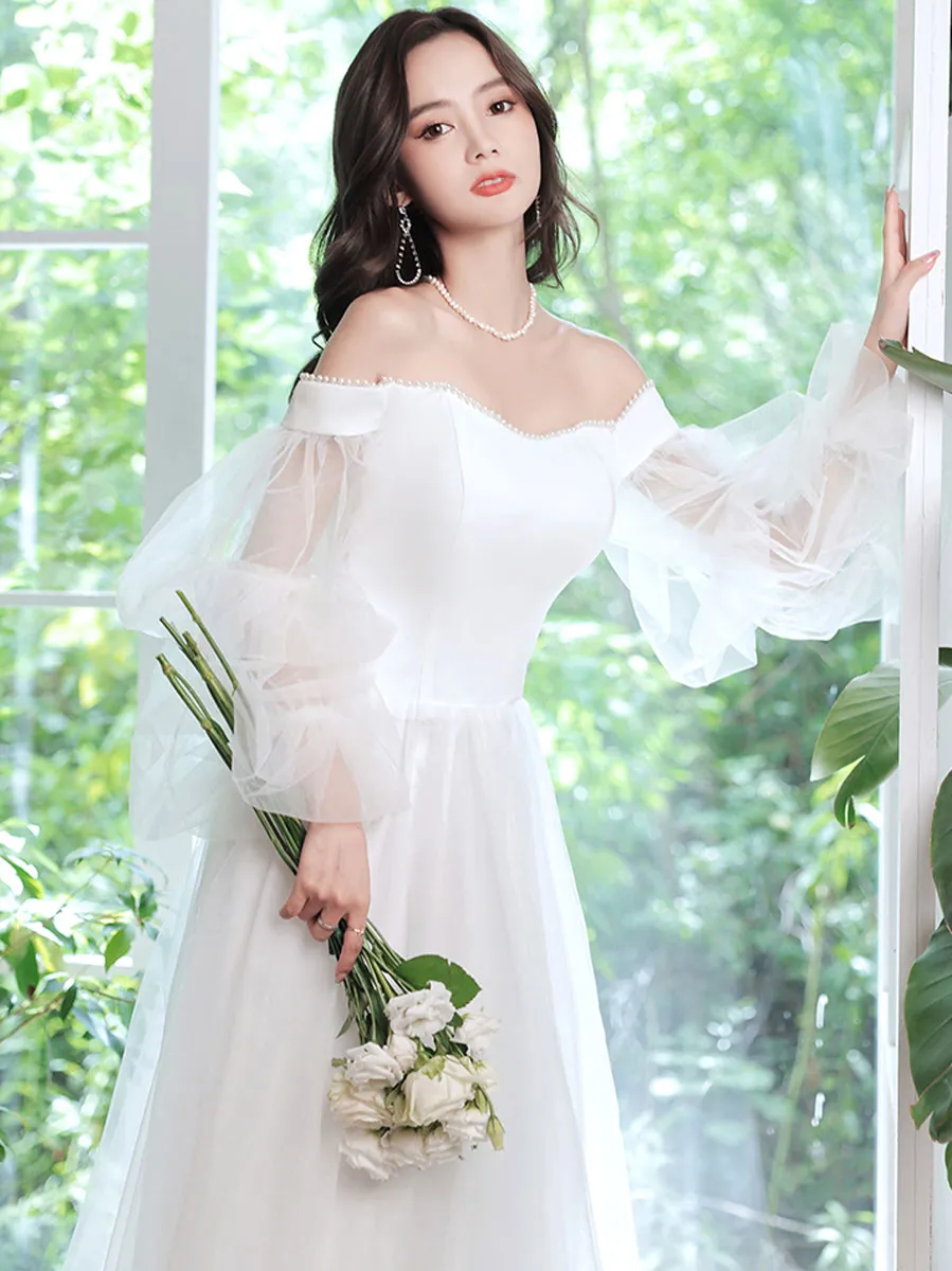 Simple White Tulle Long Prom Dress, White Formal Dresses