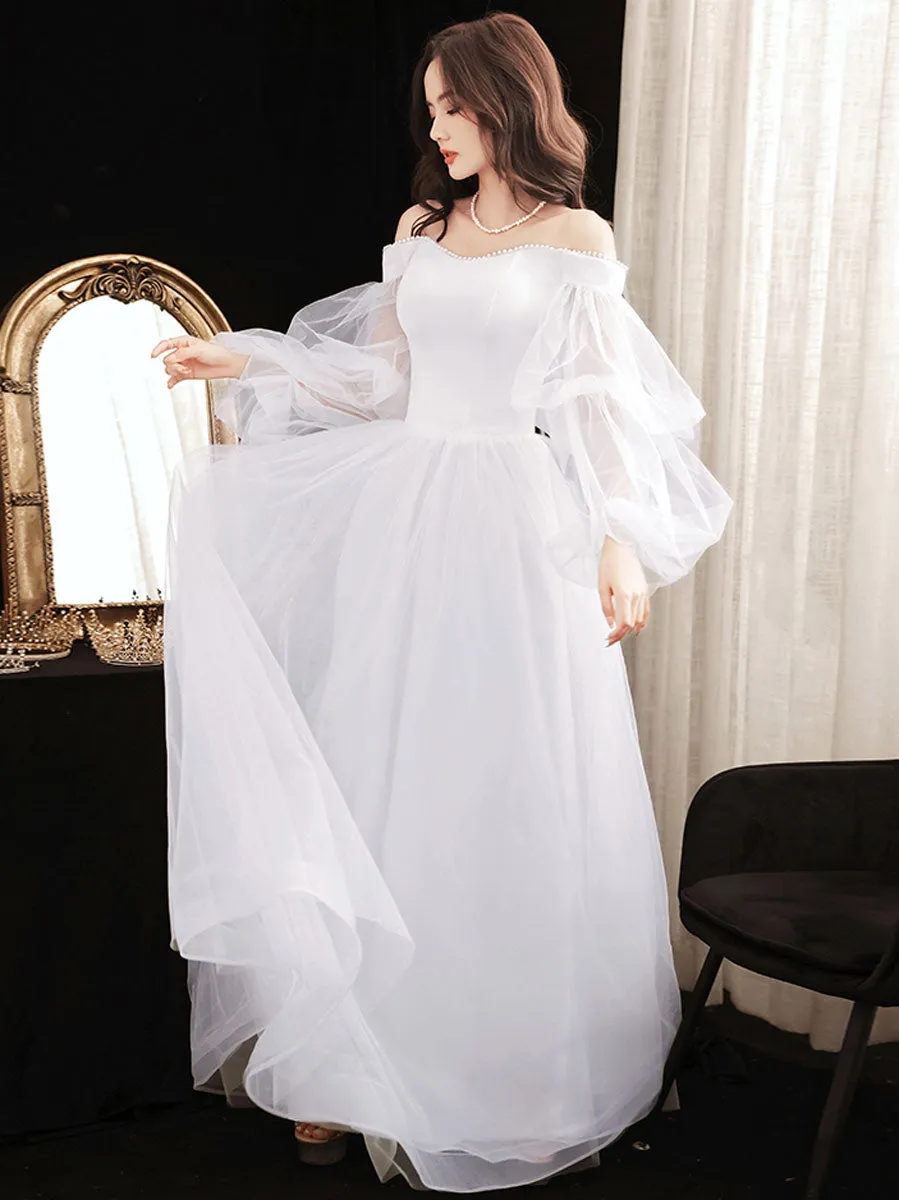 Simple White Tulle Long Prom Dress, White Formal Dresses