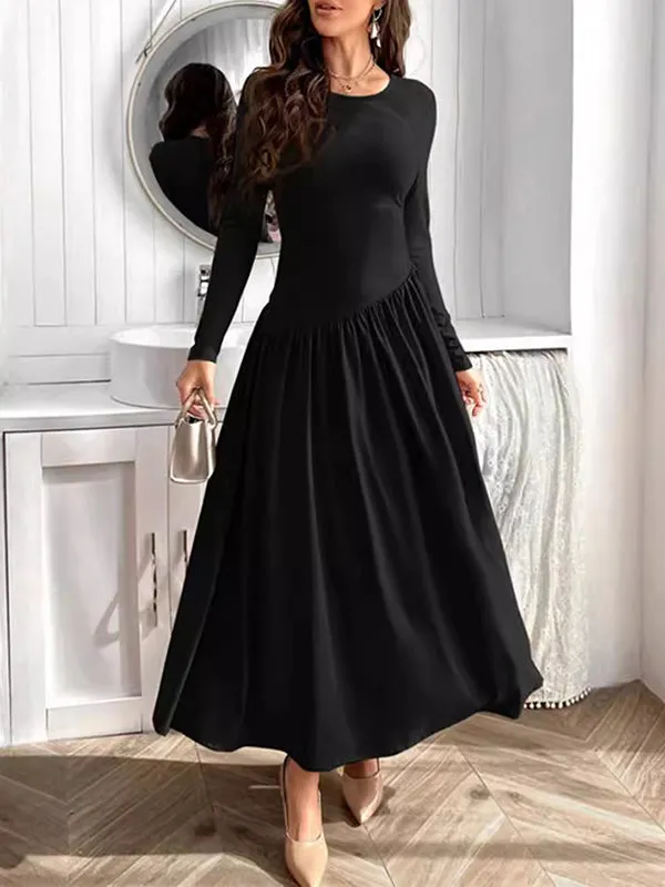 Solid Color Split-Joint Long Sleeves Skinny Round-Neck Maxi Dresses