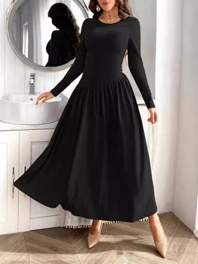 Solid Color Split-Joint Long Sleeves Skinny Round-Neck Maxi Dresses