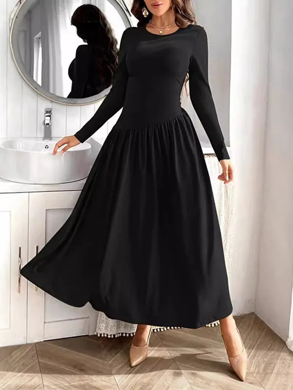 Solid Color Split-Joint Long Sleeves Skinny Round-Neck Maxi Dresses