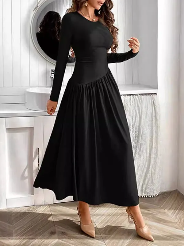 Solid Color Split-Joint Long Sleeves Skinny Round-Neck Maxi Dresses