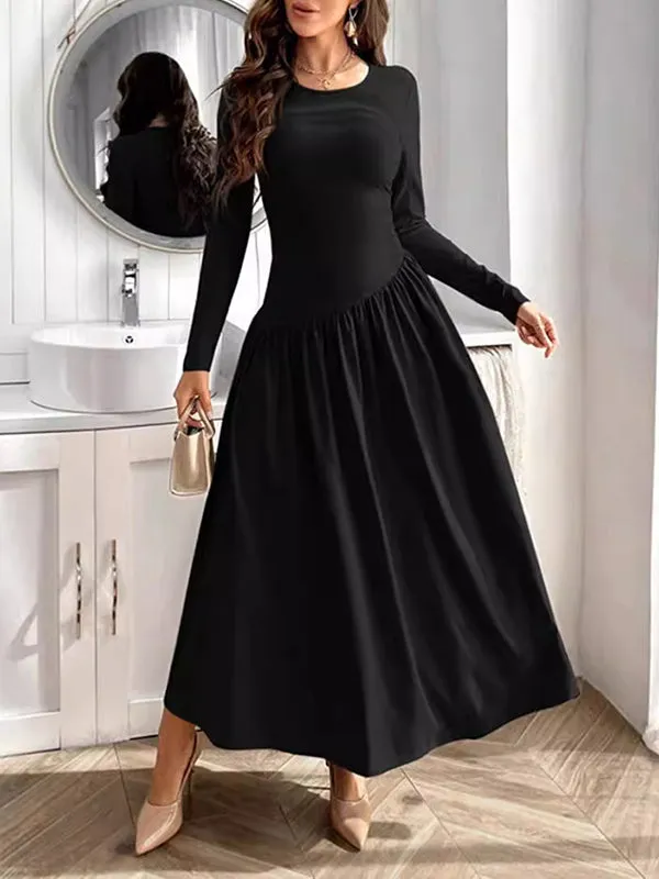 Solid Color Split-Joint Long Sleeves Skinny Round-Neck Maxi Dresses