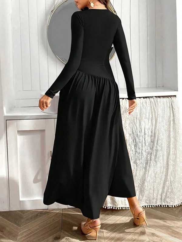 Solid Color Split-Joint Long Sleeves Skinny Round-Neck Maxi Dresses