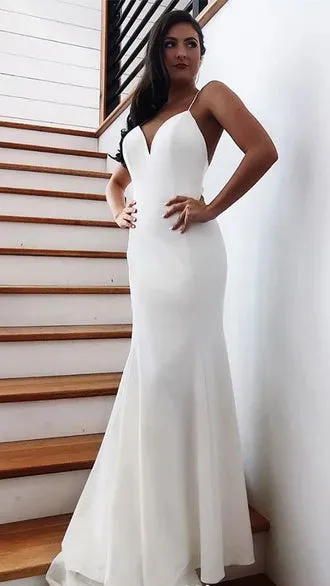 Spaghetti Long Ivory Prom Dresses, Simple Wedding Dresses, Popular Formal Dresses