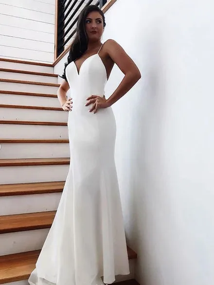 Spaghetti Long Ivory Prom Dresses, Simple Wedding Dresses, Popular Formal Dresses