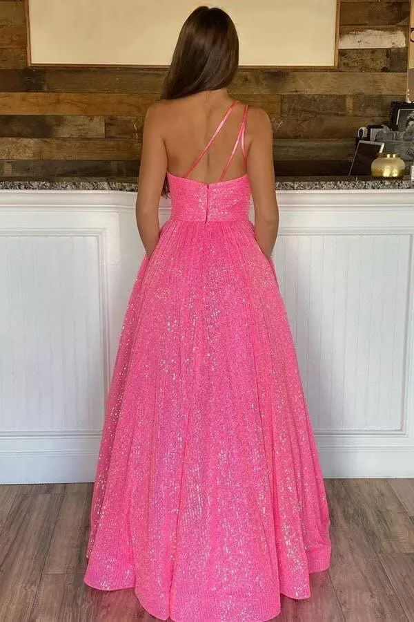 Sparkly Sequins Pink A-line One Shoulder Long Prom Dresses With Pockets, SP861