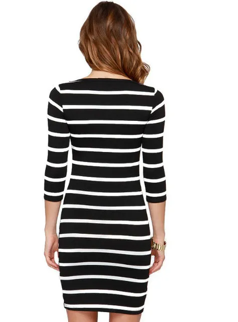 TastyHottie - Round Neck Fashion Black and White Striped Long Sleeve