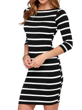 TastyHottie - Round Neck Fashion Black and White Striped Long Sleeve