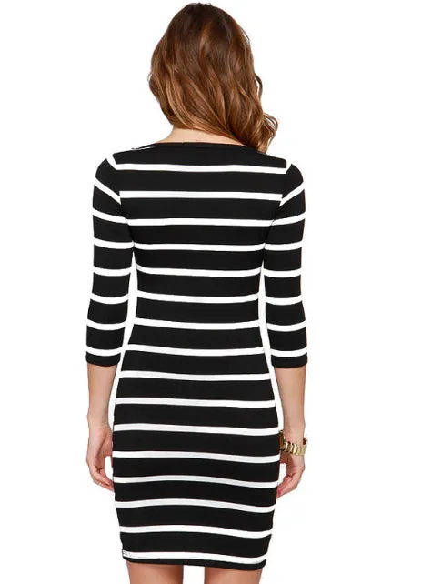 TastyHottie - Round Neck Fashion Black and White Striped Long Sleeve