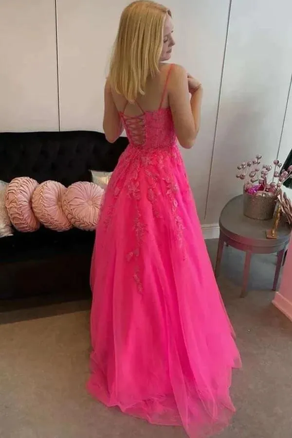 Tulle Hot Pink A-line Spaghetti Straps Prom Dresses With Lace Appliques, SP990