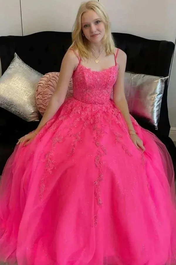 Tulle Hot Pink A-line Spaghetti Straps Prom Dresses With Lace Appliques, SP990