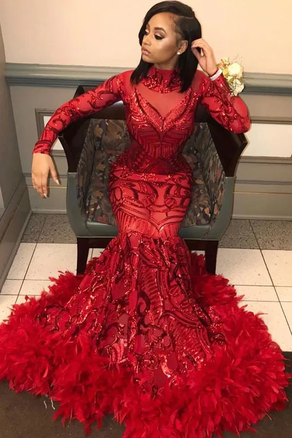 Unique Red Long Sleeve Mermaid Sequined Long Prom Dress With Feather, SP605