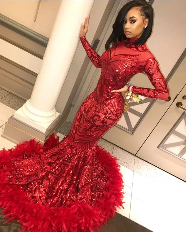 Unique Red Long Sleeve Mermaid Sequined Long Prom Dress With Feather, SP605