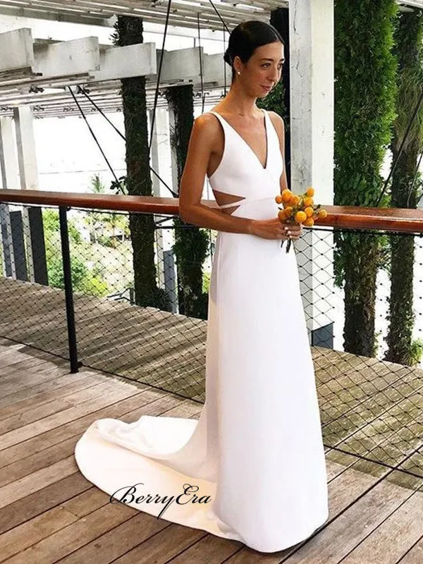 V-neck Simple Custom Wedding Dresses, Affordable Wedding Dresses, Beach Wedding Dresses