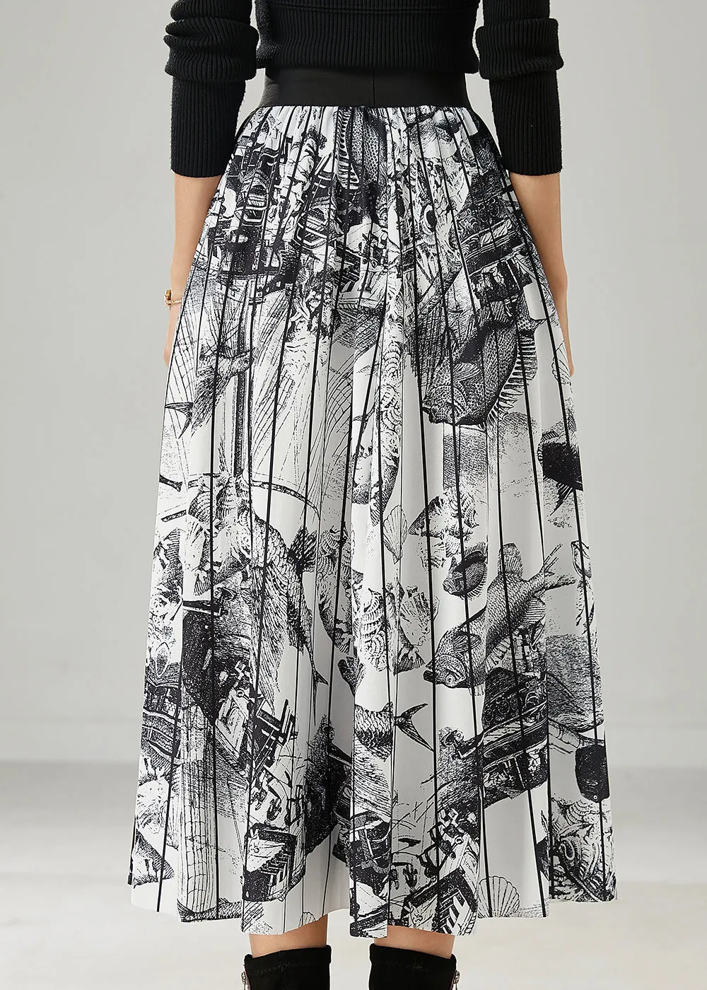 White Print Chiffon Pleated Skirts Elastic Waist Summer AZ1049