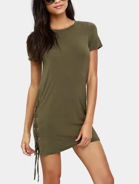 Wholesale Army Green Scoop Neck Short Sleeve Lace-Up Casual Dresses