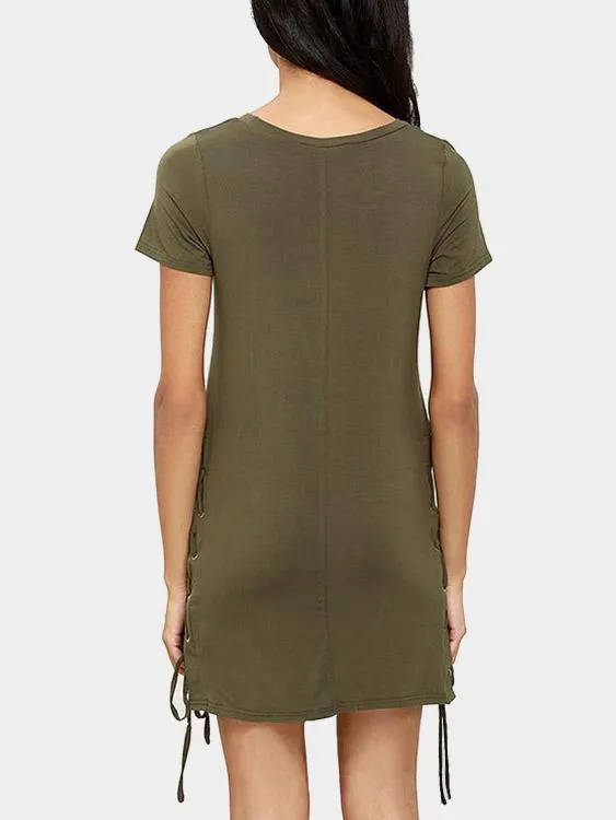 Wholesale Army Green Scoop Neck Short Sleeve Lace-Up Casual Dresses