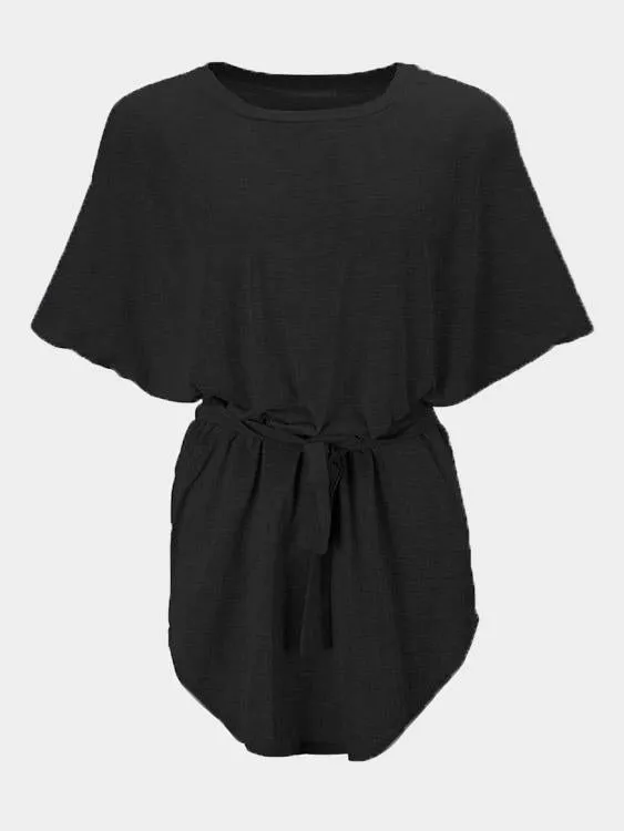 Wholesale Black Round Neck Half Sleeve Irregular Hem Casual Dress