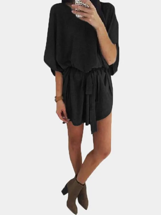 Wholesale Black Round Neck Half Sleeve Irregular Hem Casual Dress