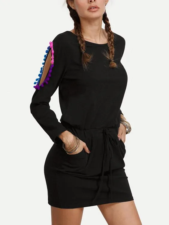 Wholesale Black Round Neck Long Sleeve Tassel Cut Out Casual Dresses