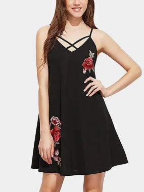 Wholesale Black V-Neck Sleeveless Embroidered Casual Dresses