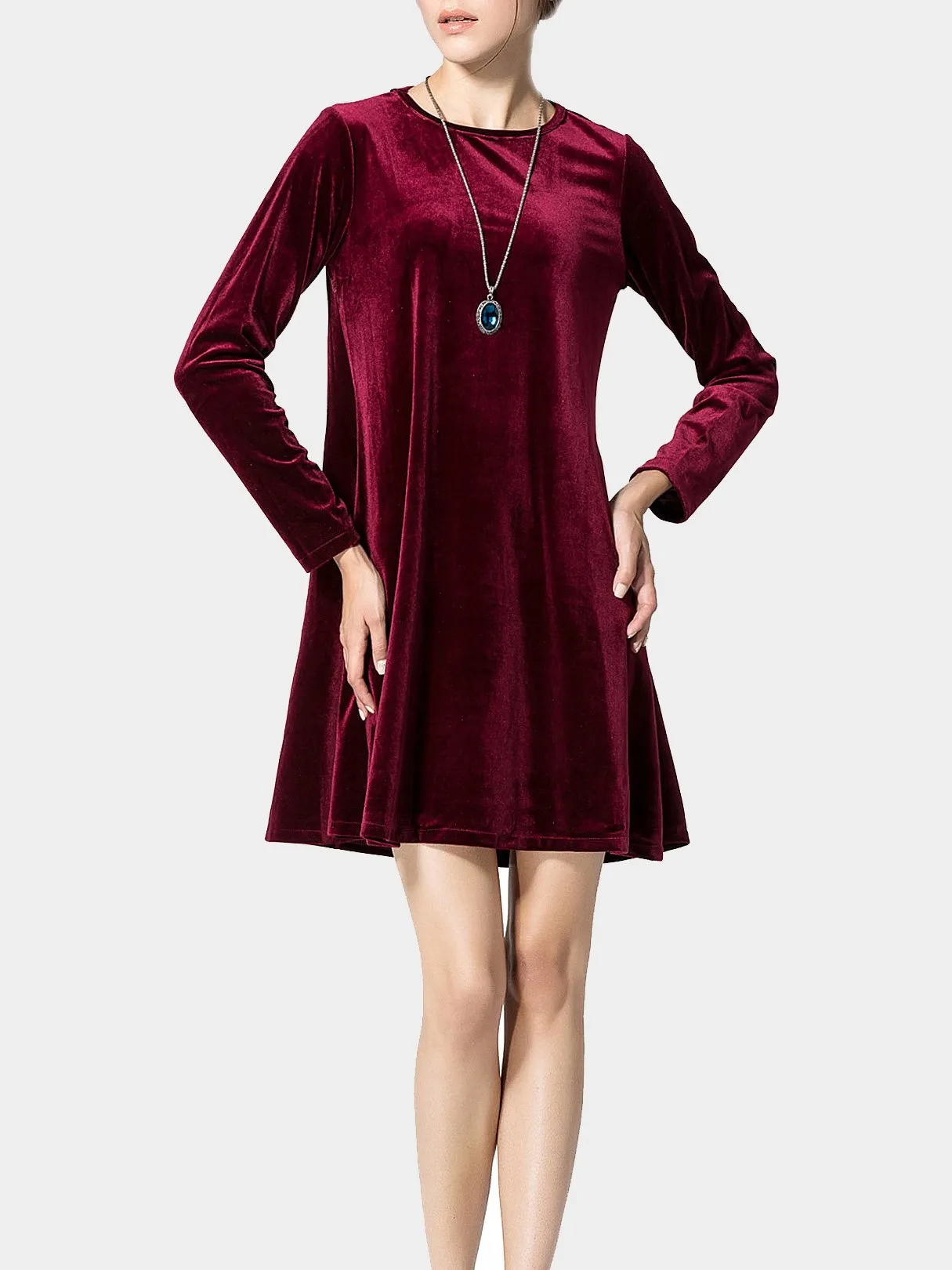 Wholesale Burgundy Crew Neck Long Sleeve Flounced Hem Casual Dress