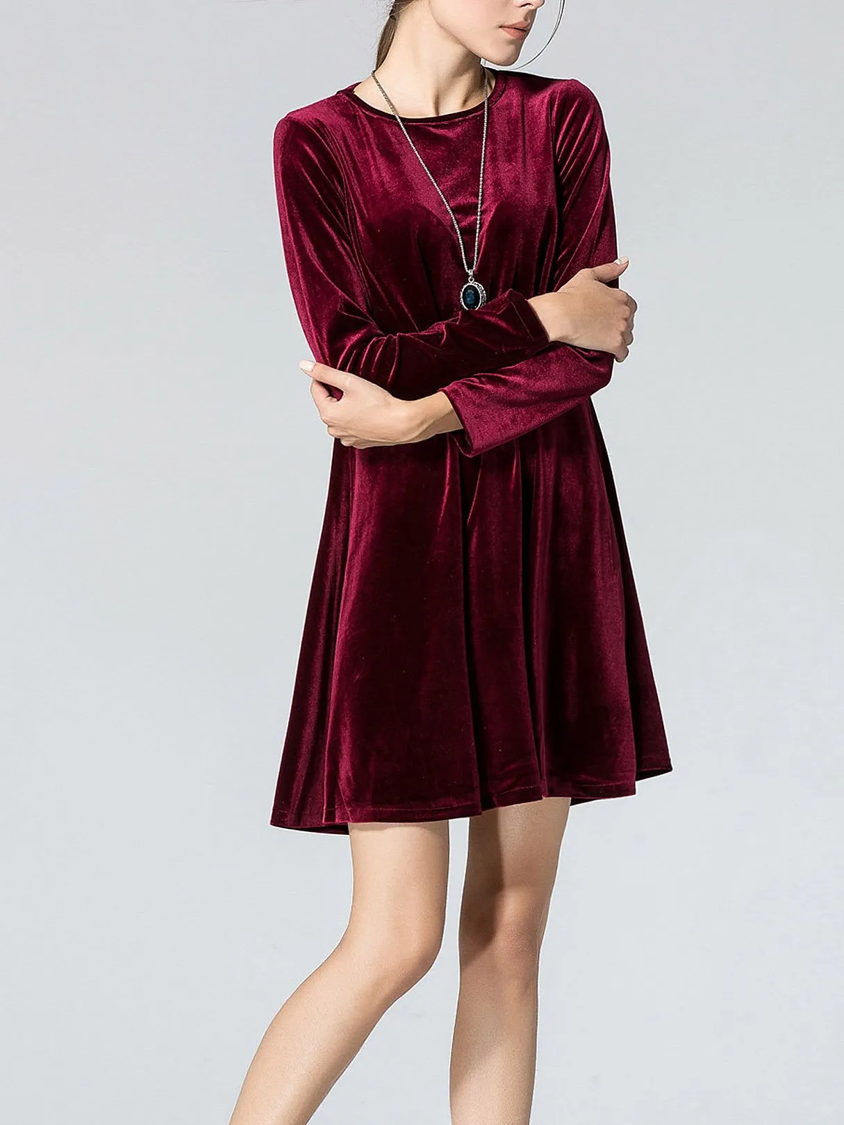 Wholesale Burgundy Crew Neck Long Sleeve Flounced Hem Casual Dress