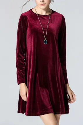 Wholesale Burgundy Crew Neck Long Sleeve Flounced Hem Casual Dress