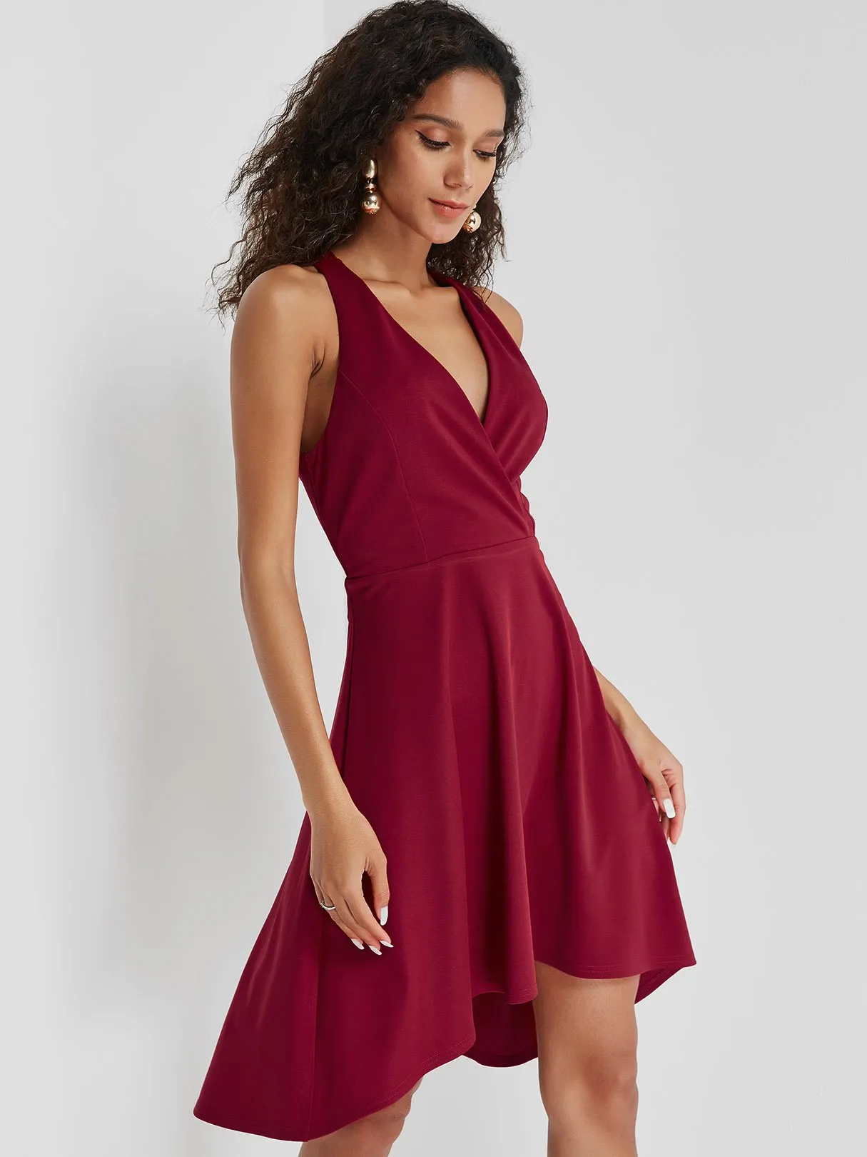 Wholesale Burgundy V-Neck Sleeveless Plain Zip Back Backless Wrap Casual Dresses