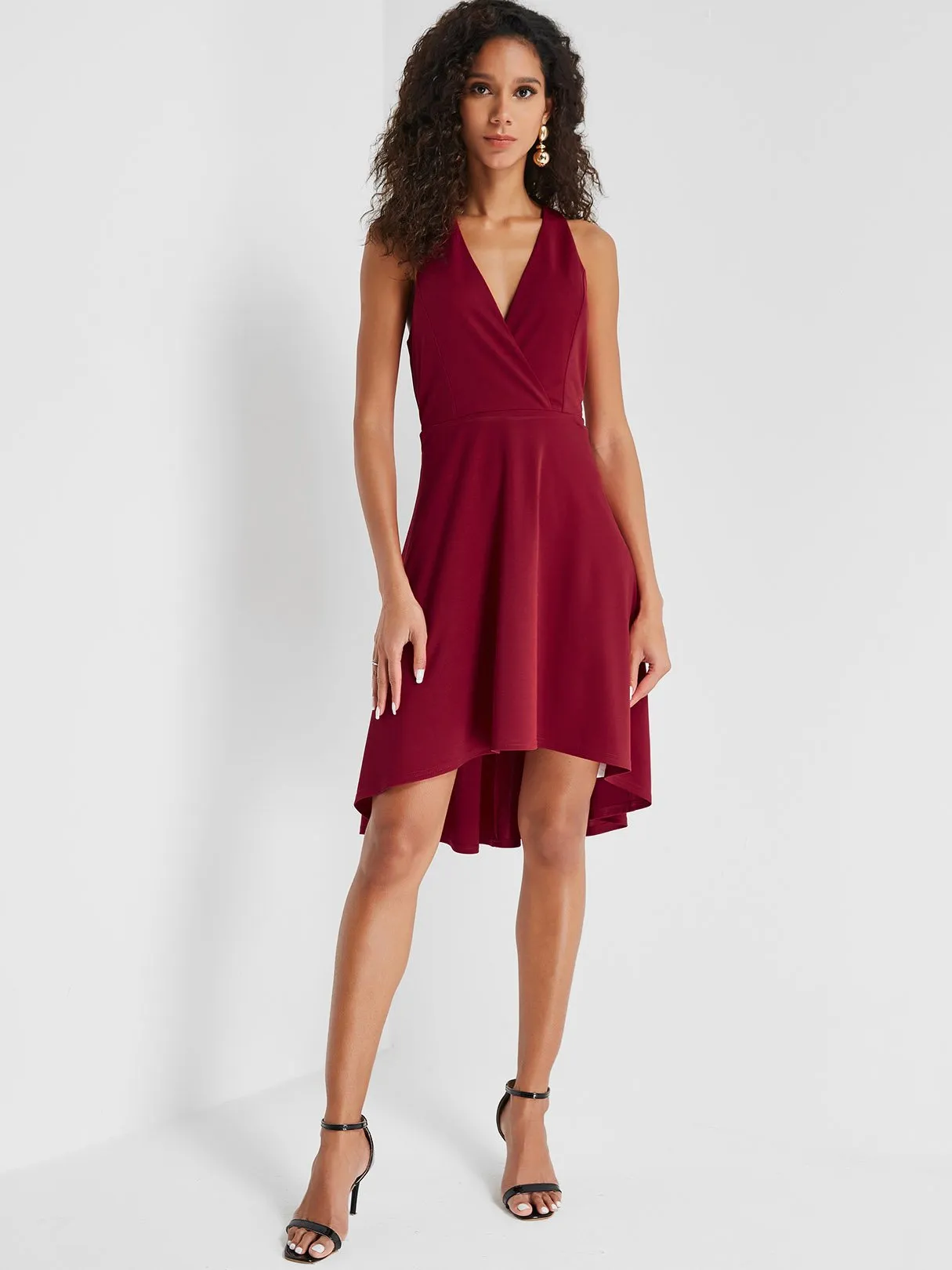 Wholesale Burgundy V-Neck Sleeveless Plain Zip Back Backless Wrap Casual Dresses