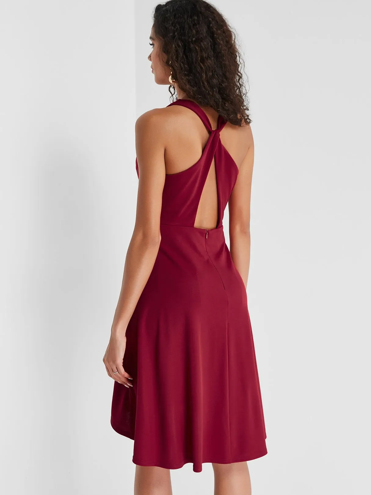 Wholesale Burgundy V-Neck Sleeveless Plain Zip Back Backless Wrap Casual Dresses