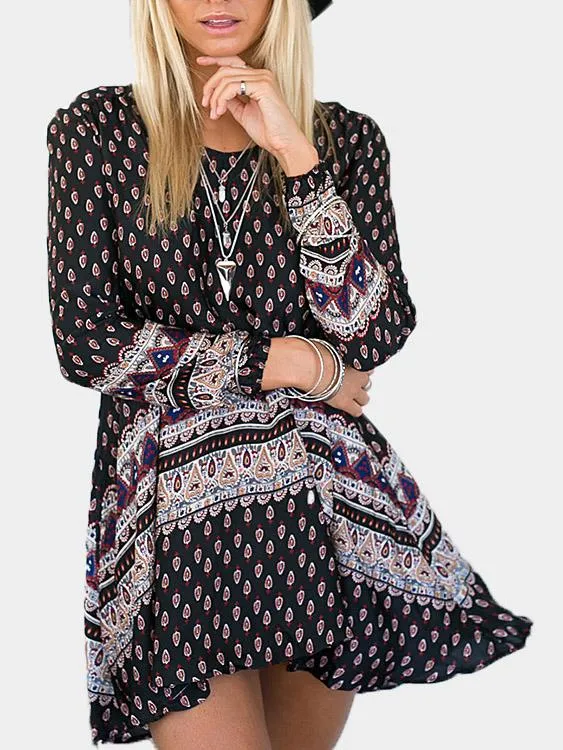 Wholesale Crew Neck Long Sleeve Floral Print Casual Dress