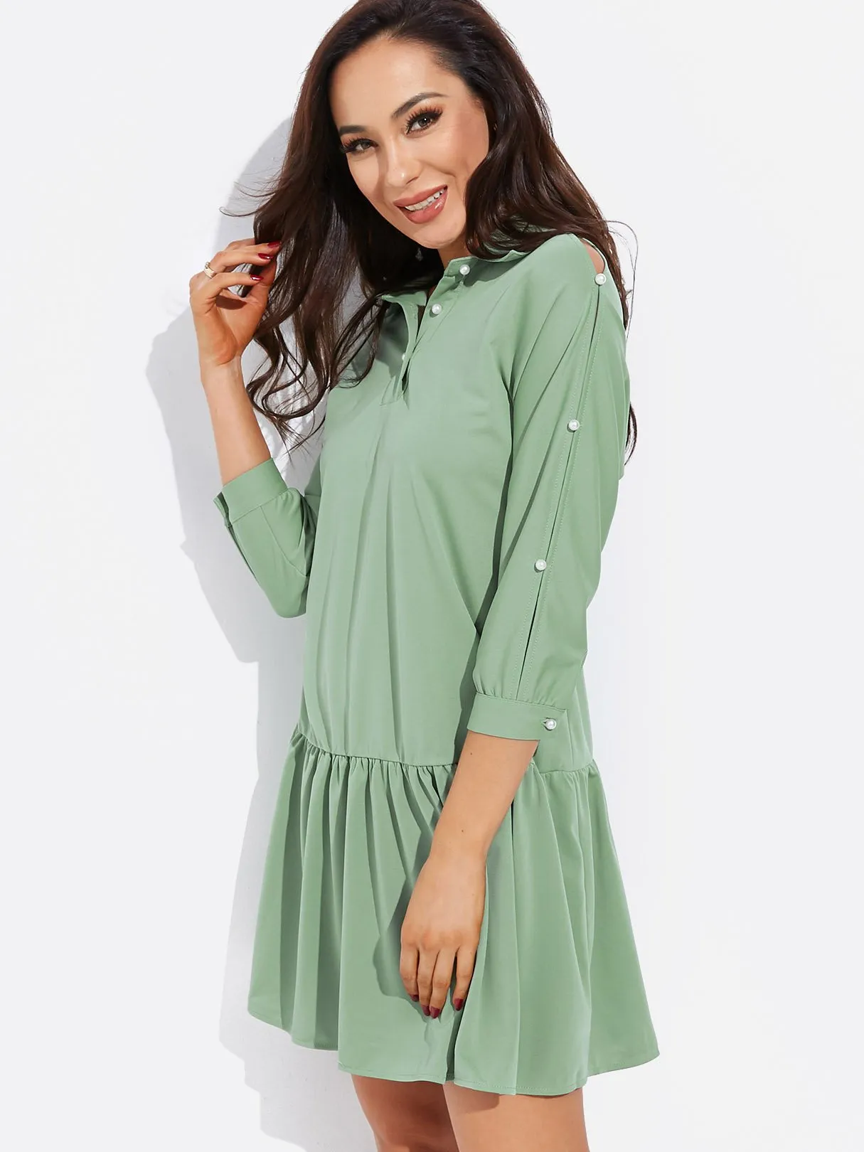 Wholesale Green Lapel Collar 3/4 Sleeve Length Cut Out Pleated Ruffle Hem Casual Dresses