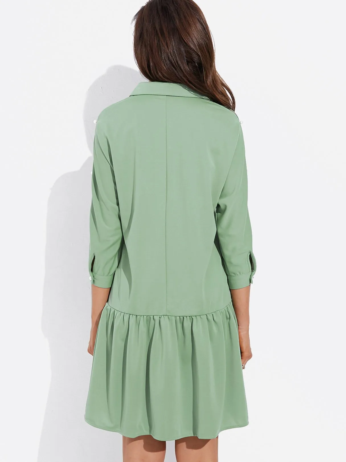 Wholesale Green Lapel Collar 3/4 Sleeve Length Cut Out Pleated Ruffle Hem Casual Dresses