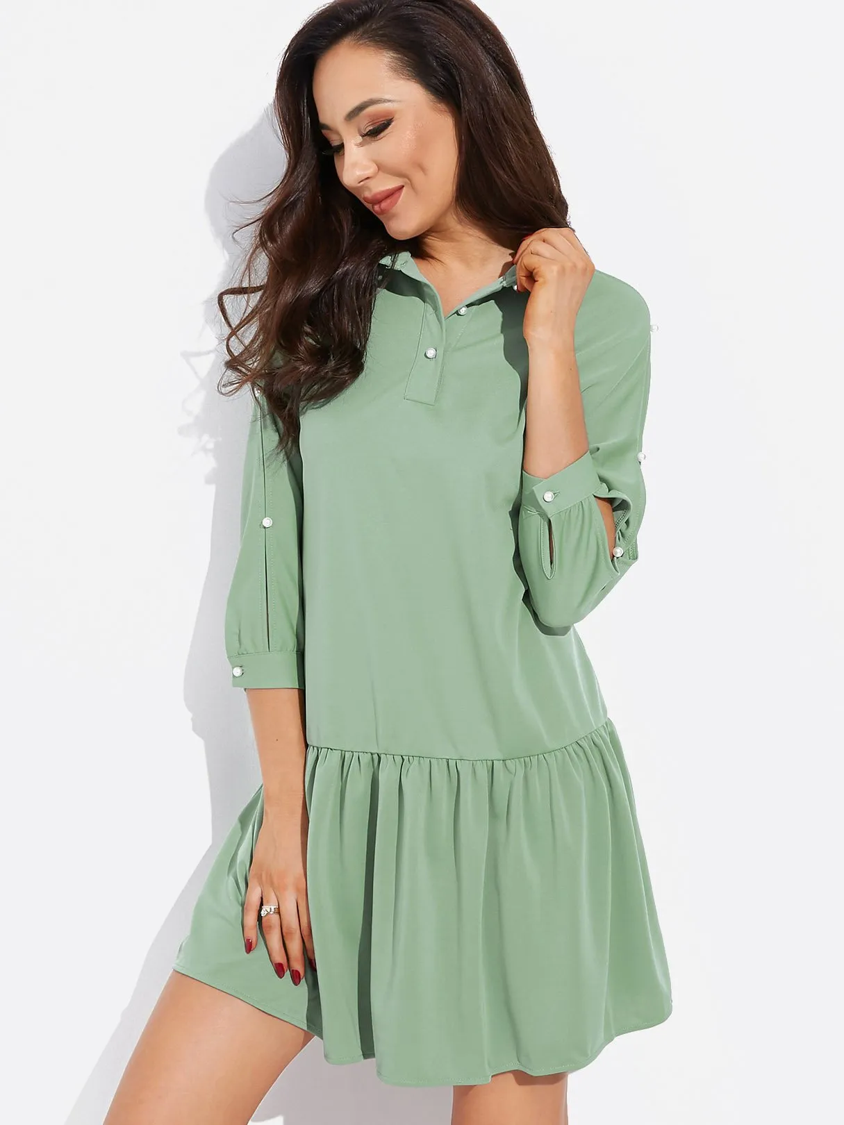 Wholesale Green Lapel Collar 3/4 Sleeve Length Cut Out Pleated Ruffle Hem Casual Dresses