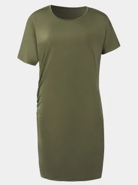 Wholesale Green Round Neck Short Sleeve Plain Pleated Casual Dresses