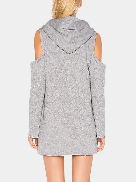 Wholesale Grey Crew Neck Cold Shoulder Long Sleeve Plain Hooded Casual Dresses