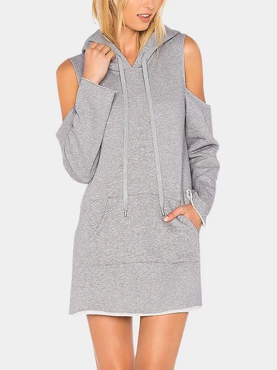 Wholesale Grey Crew Neck Cold Shoulder Long Sleeve Plain Hooded Casual Dresses