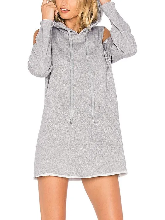 Wholesale Grey Crew Neck Cold Shoulder Long Sleeve Plain Hooded Casual Dresses