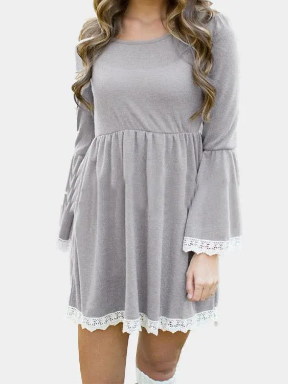 Wholesale Grey Round Neck Long Sleeve Lace Casual Dresses